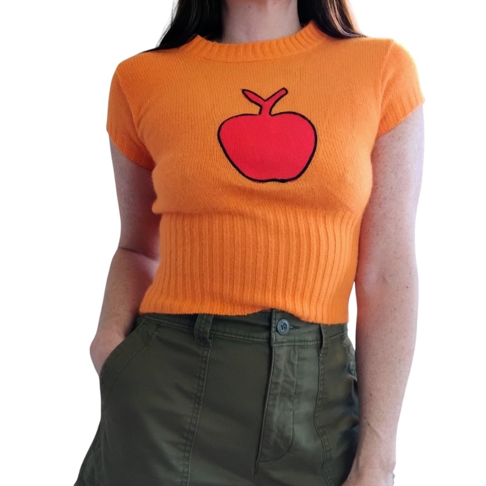 Vintage Montgomery Ward Apple Sweater Top Womens Small Orange Retro Colorful
